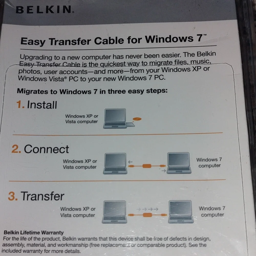 Belkin Easy Transfer Cable Windows 7 New Sealed Hard Plastic 8 ft 2.4 m USB 2.0